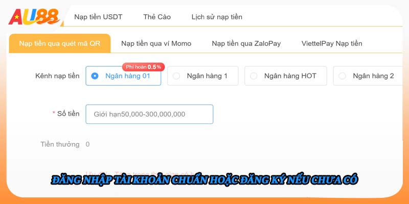 Đăng nhập tài khoản chuẩn hoặc đăng ký nếu chưa có